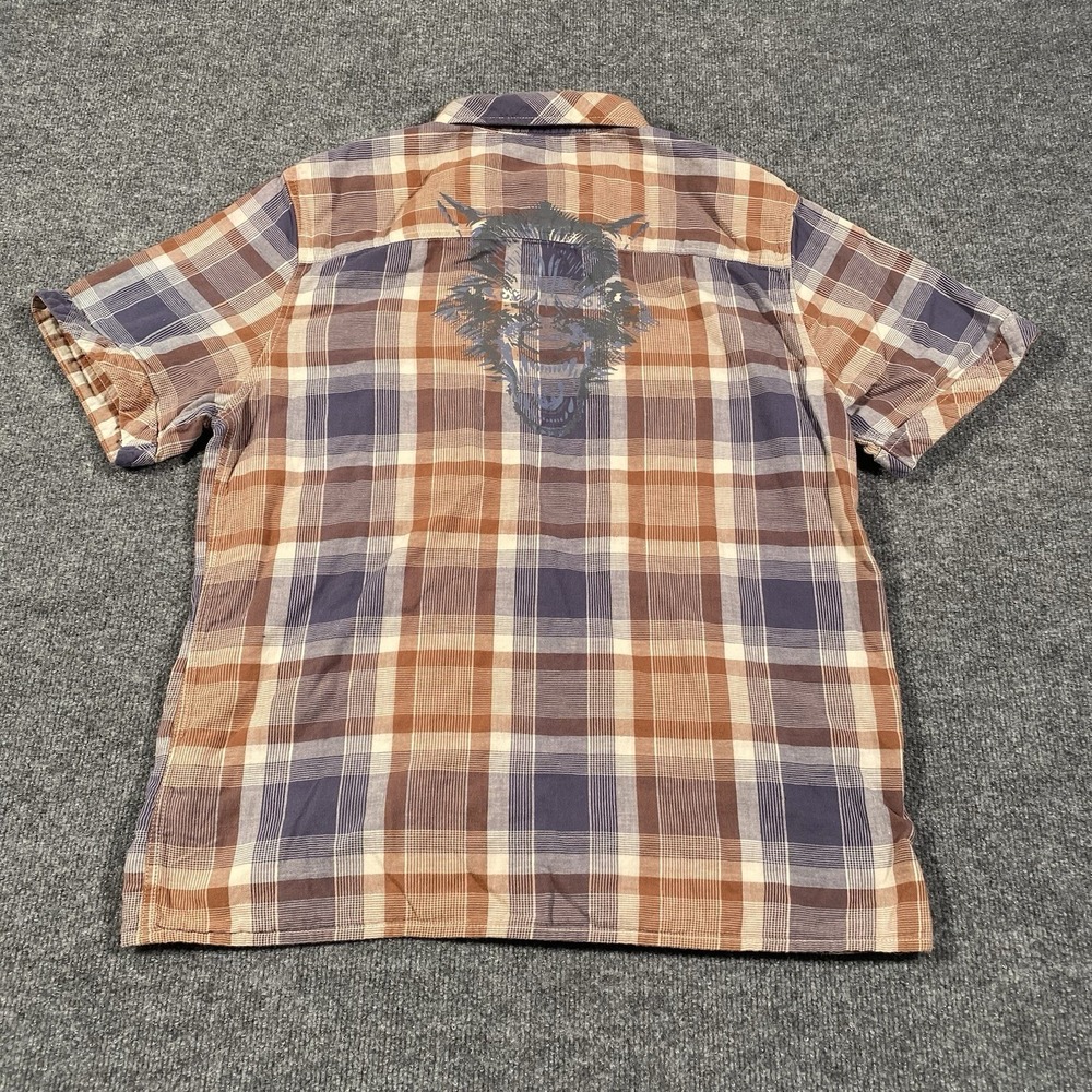 Harley Davidson Plaid Flannel Short Sleeve Mechanic Shirt Wolf Dog Print Mens XL